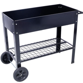 Overhead Mobile Metal Planter With Wheels, Lower Shelf, Black