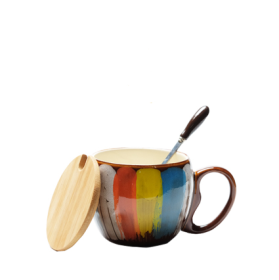 Creative ceramic cup with lid spoon (Color: Yellow)