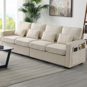 Modern Linen Fabric Sofa With Armrest Pockets And 4 Pillows (Color: Beige)