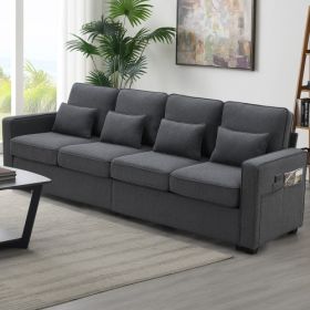 Modern Linen Fabric Sofa With Armrest Pockets And 4 Pillows (Color: dark grey)