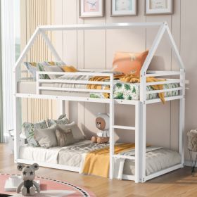 Twin Over Twin House Bunk Bed With Built-in Ladder (Color: White)